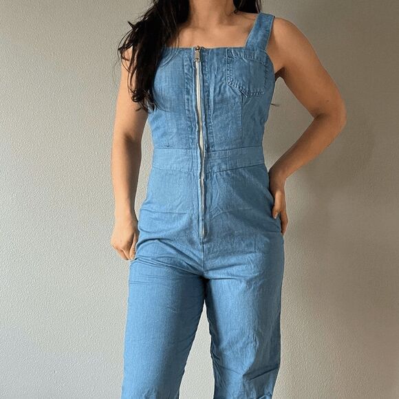 vtg 90s light blue cotton overalls onepiece zip‎ up summer romper boho small - Picture 2 of 9